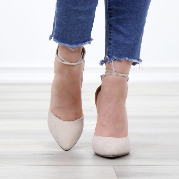 Faux Nude Suede Pointy Toe Chunky High Heel Pumps - Picture 11 of 12